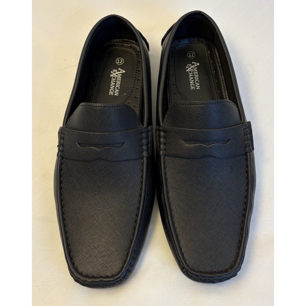 AMERICAN EXCHANGE Black Saffiano Loafers Men 12 Textured Matte Square Toe Preppy